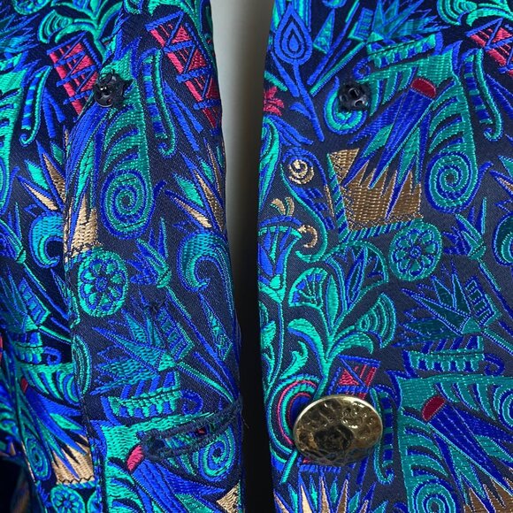 Vintage Guy Laroche Turquoise Satin Skirt & Jacket Set With Floral Print  Sz W14 - Picture 9 of 13